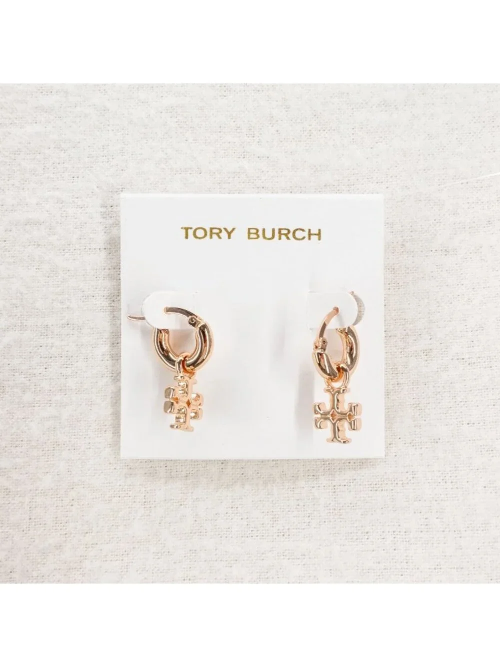 Tory Burch Kira Logo Drop Huggie Hoop Earrings Rose Gold OS